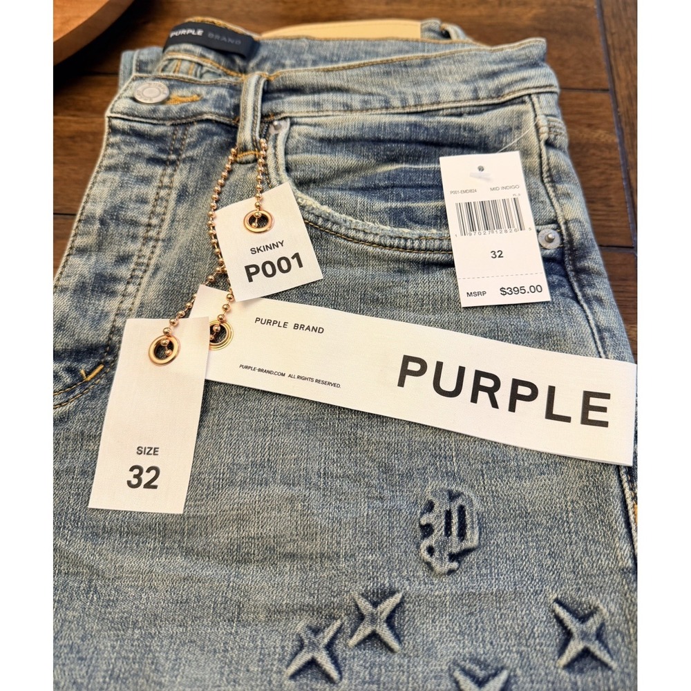 Purple Brand P001 Embossed Monogram Skinny Jeans Mid Indigo Blue 32 P001-EMDI824